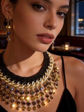 Crystal Necklace & Matching Earrings* Hand crocheted Neckline